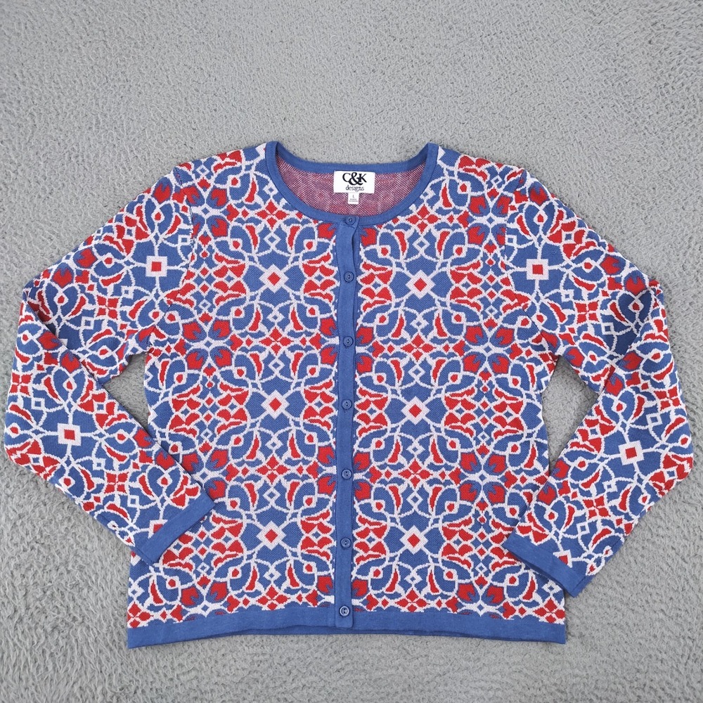 Vintage C&K Designs Sweater Womens Large Blue Red Floral Cardigan Button Front